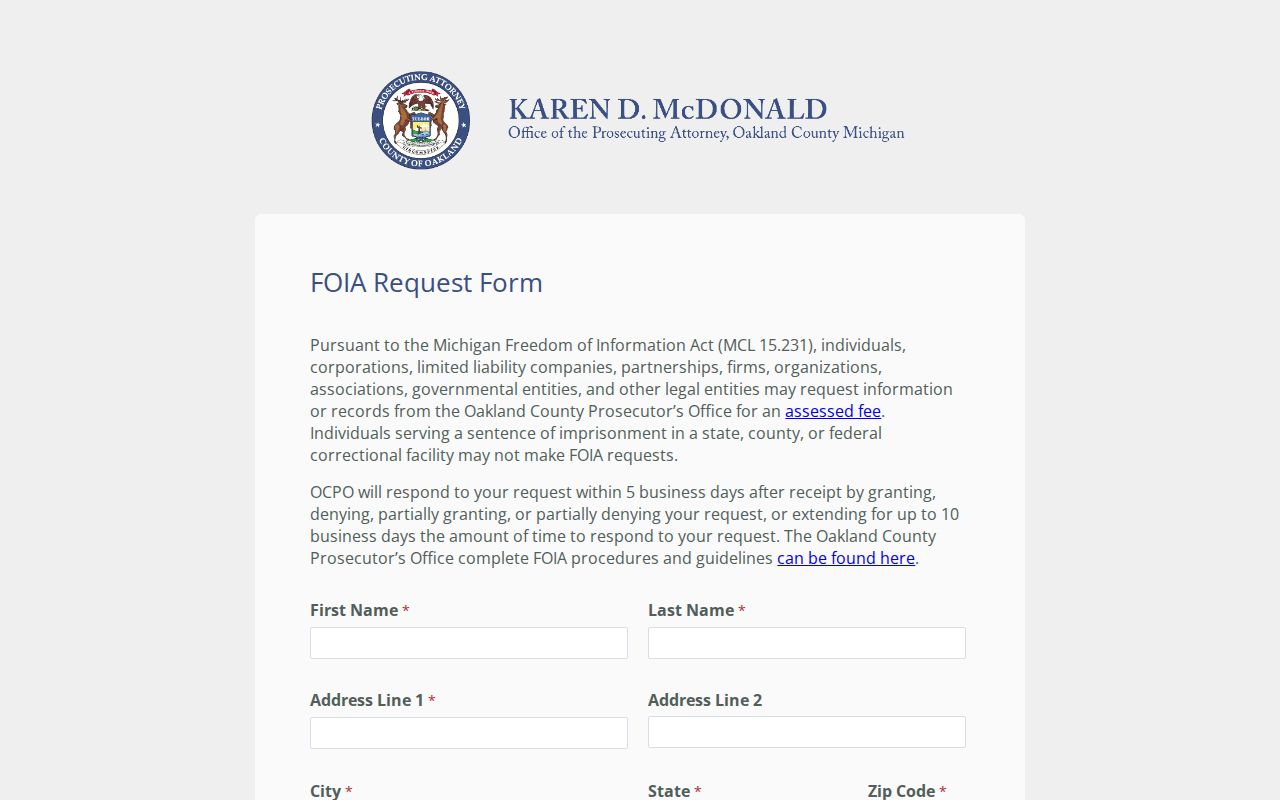 Oakland County warrant records: prosecutor FOIA form fields for requesting a defined record