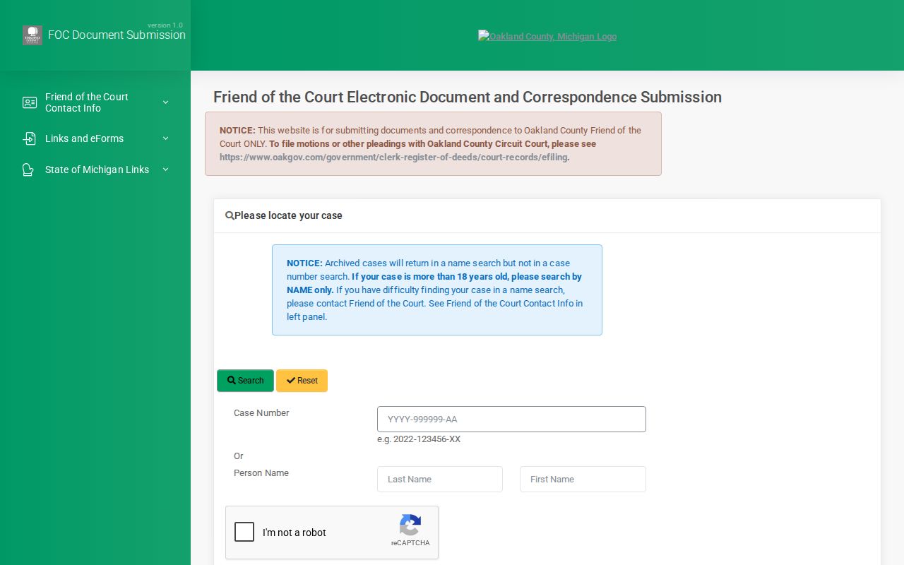Oakland County bench warrant records: Friend of the Court case-search fields and personal-use warning