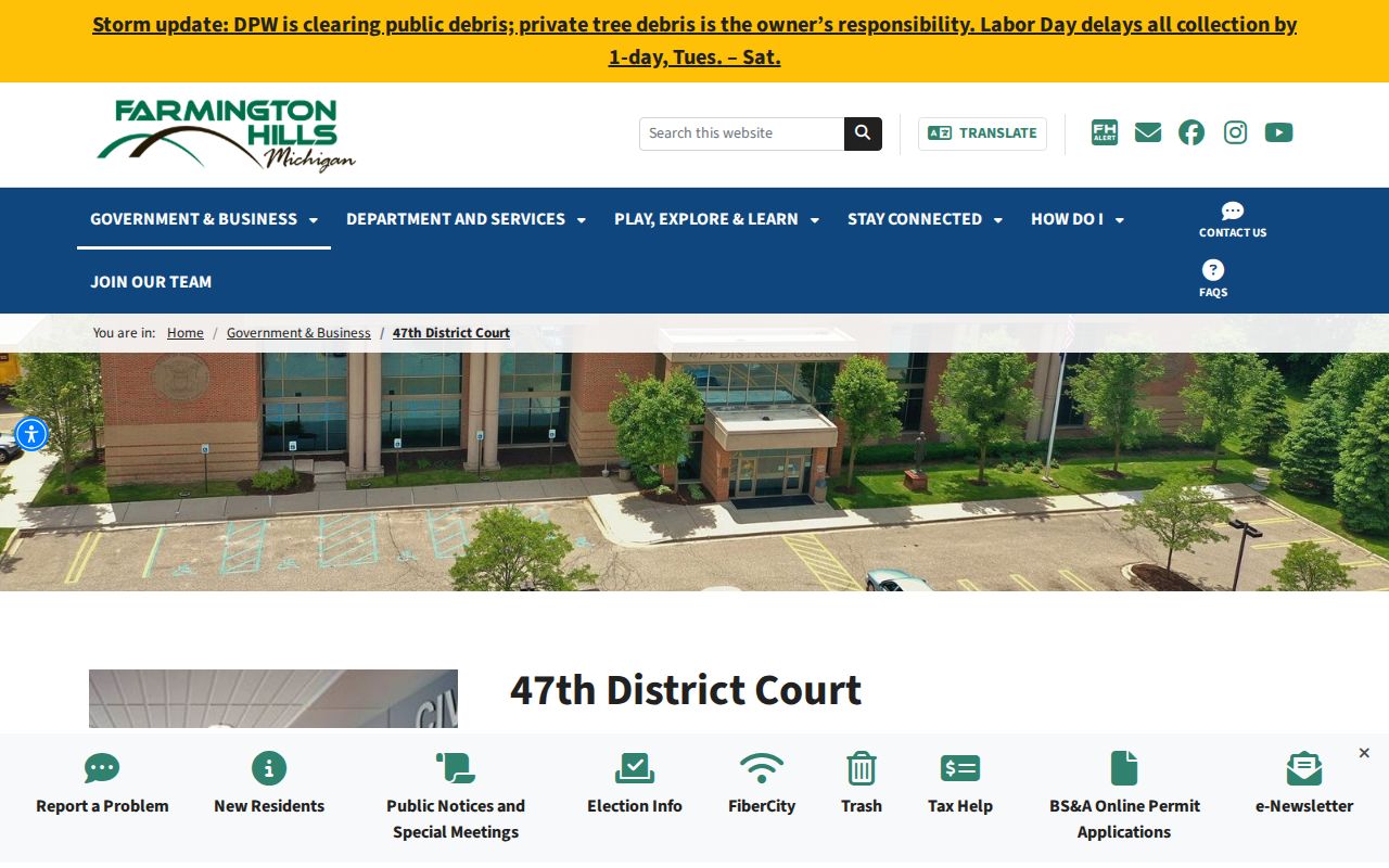 Oakland County municipal warrant records: 47th District Court page with case-search and jurisdiction information