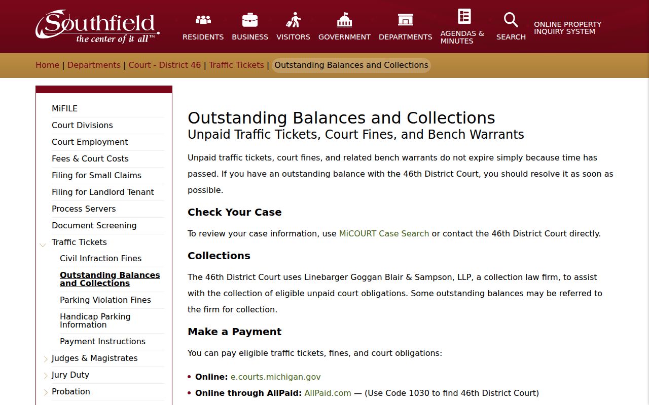 Oakland County traffic warrant records: 46th District Court warning about outstanding balances and bench warrants