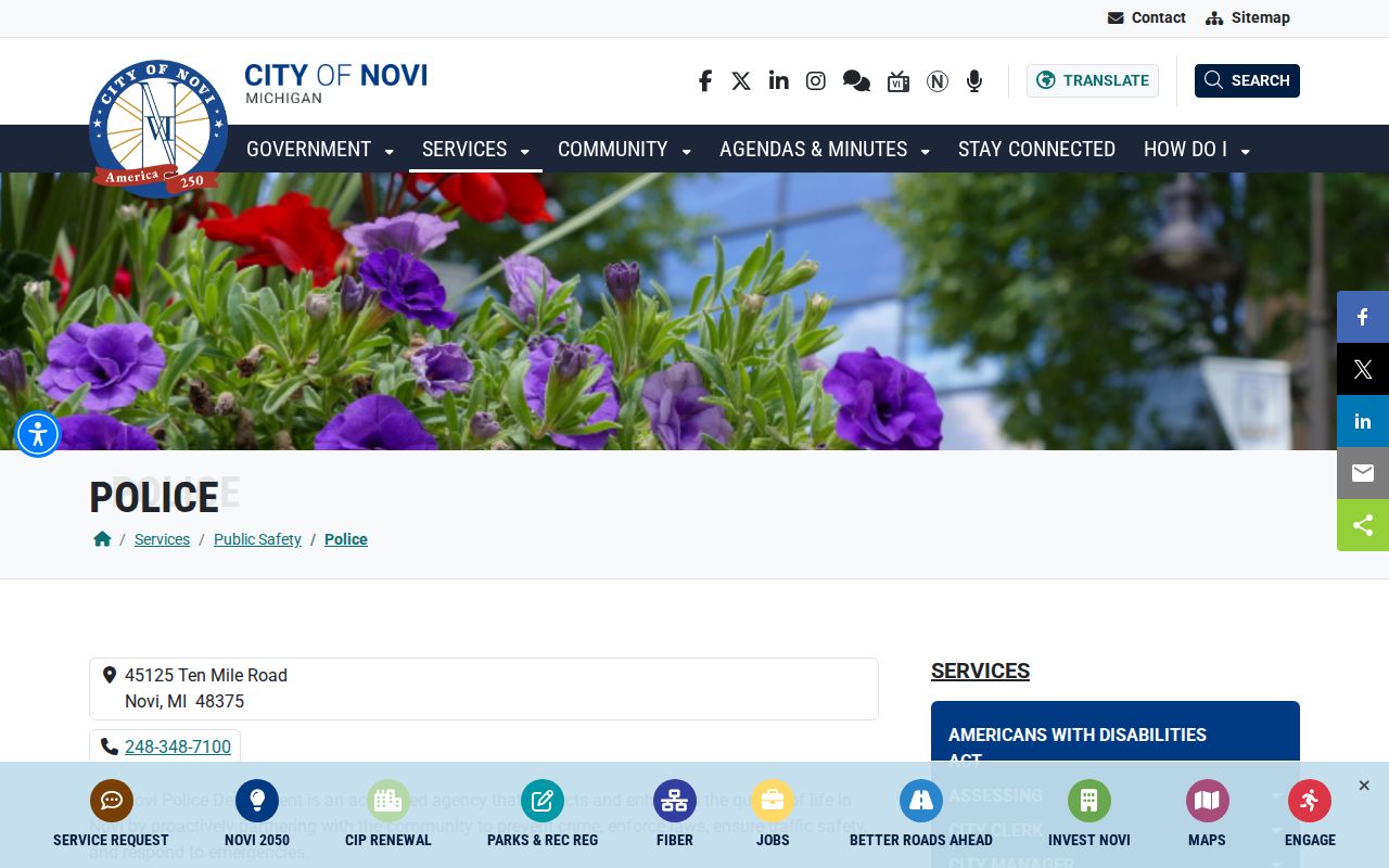 Novi warrant search: Novi Police Department contact page with 24-hour non-emergency information