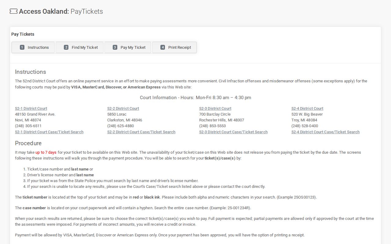 Oakland County warrant records: Access Oakland PayTickets court and payment list