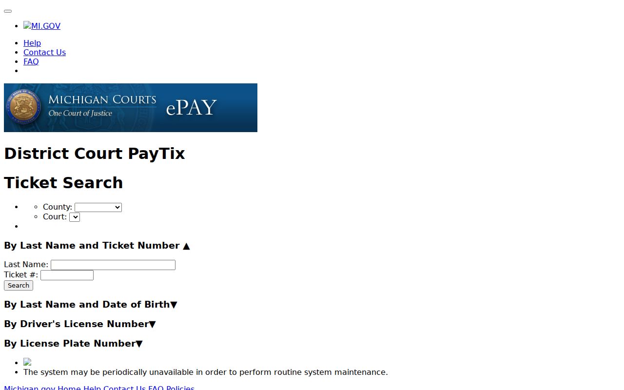 Oakland County traffic warrant records: PayTix ticket search form used to find an Oakland citation